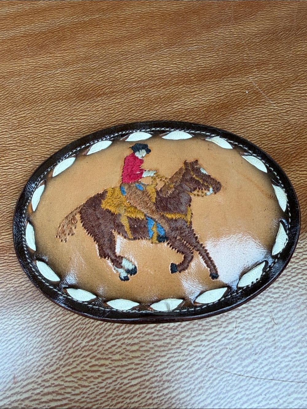 Tony Lama Leather Belt Buckle Horse Rider Embroidered Western Oval Brown Vintage